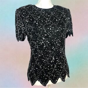 Papell Boutique Black and Silver Beaded Blouse